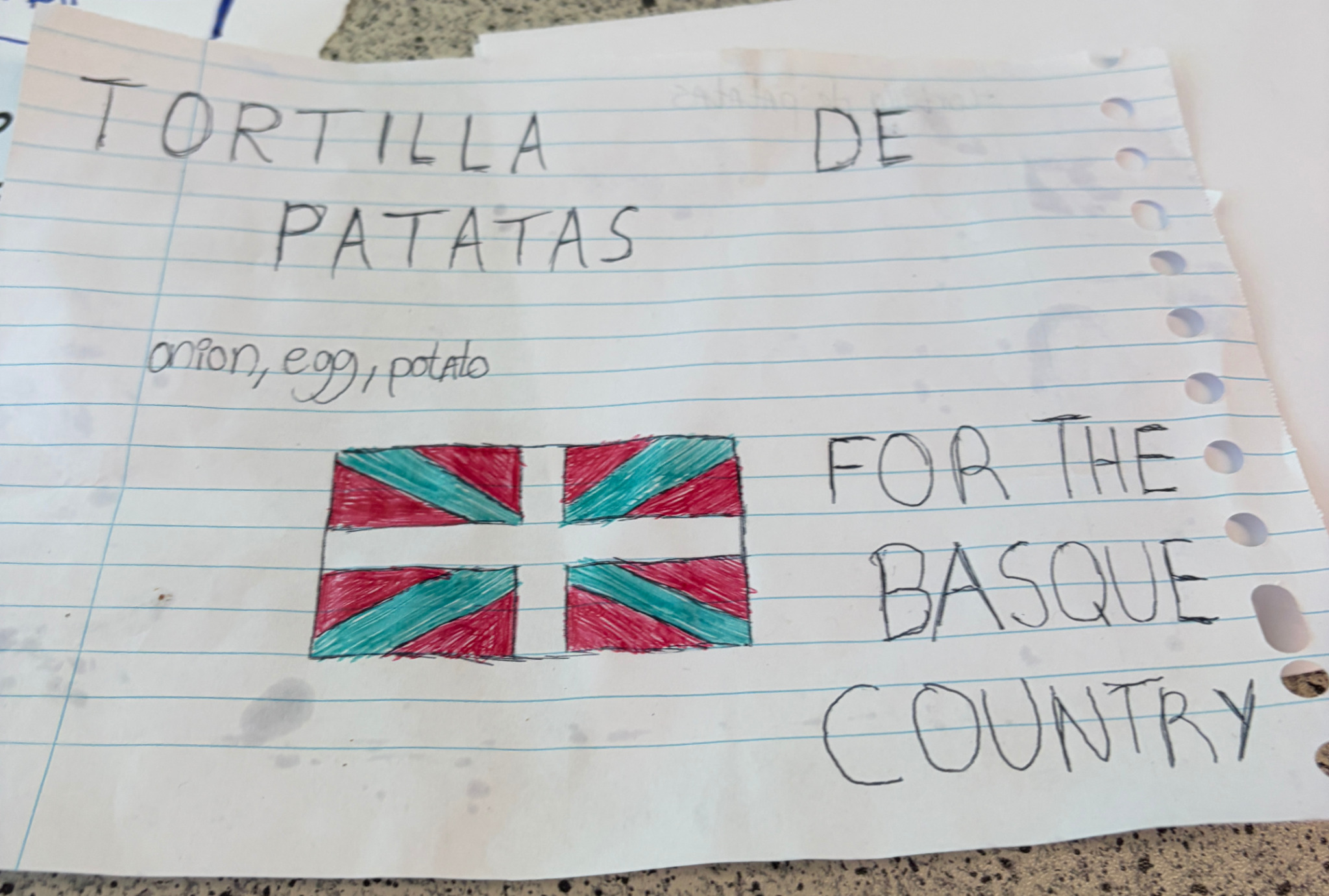 Handmade recipe card for tortilla de patatas with a Basque flag